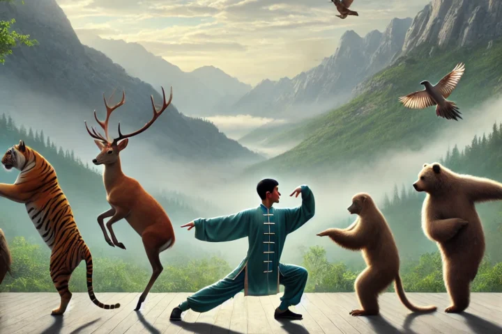 A serene outdoor scene of a traditional Chinese health practice, featuring five animals in graceful poses_ a tiger, a deer, a bear, a monkey, and a bird.